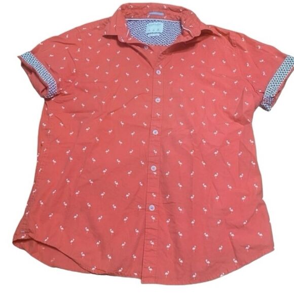 Denim & Flower Men’s Sz Lrg Salmon Short Sleeve Flamingo Button Down Shirt - Picture 1 of 5